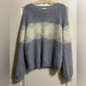 Ivy Rose Women’s Fuzzy Sweater in Blue Gray Silver Metallic Ivory SOFT XL